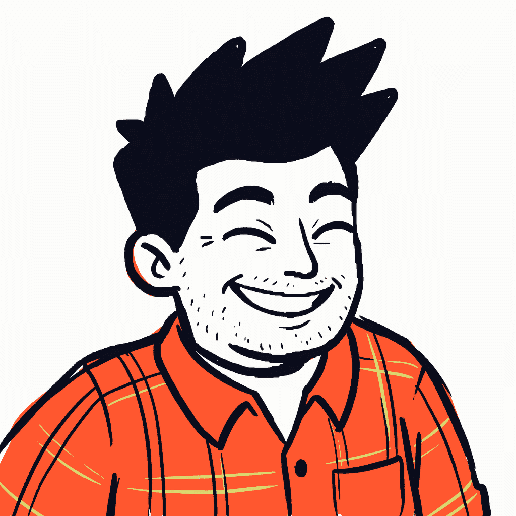 Fiddy smiling, ink drawing in a coral flannel